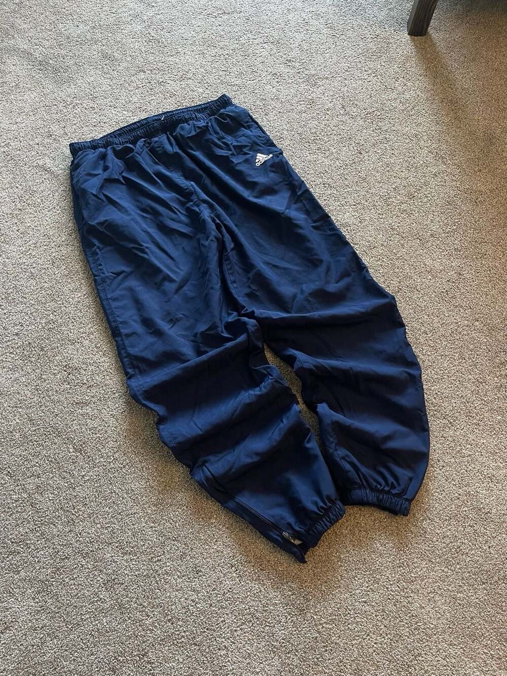 Adidas Vintage Navy Blue Nylon Windbreaker Track Pants with Zipped Cuffs